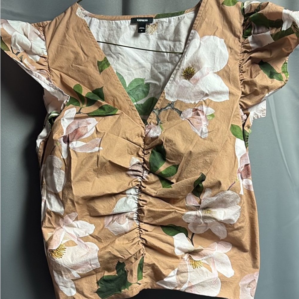 Express Tan Floral Blouse with Ruched Detail